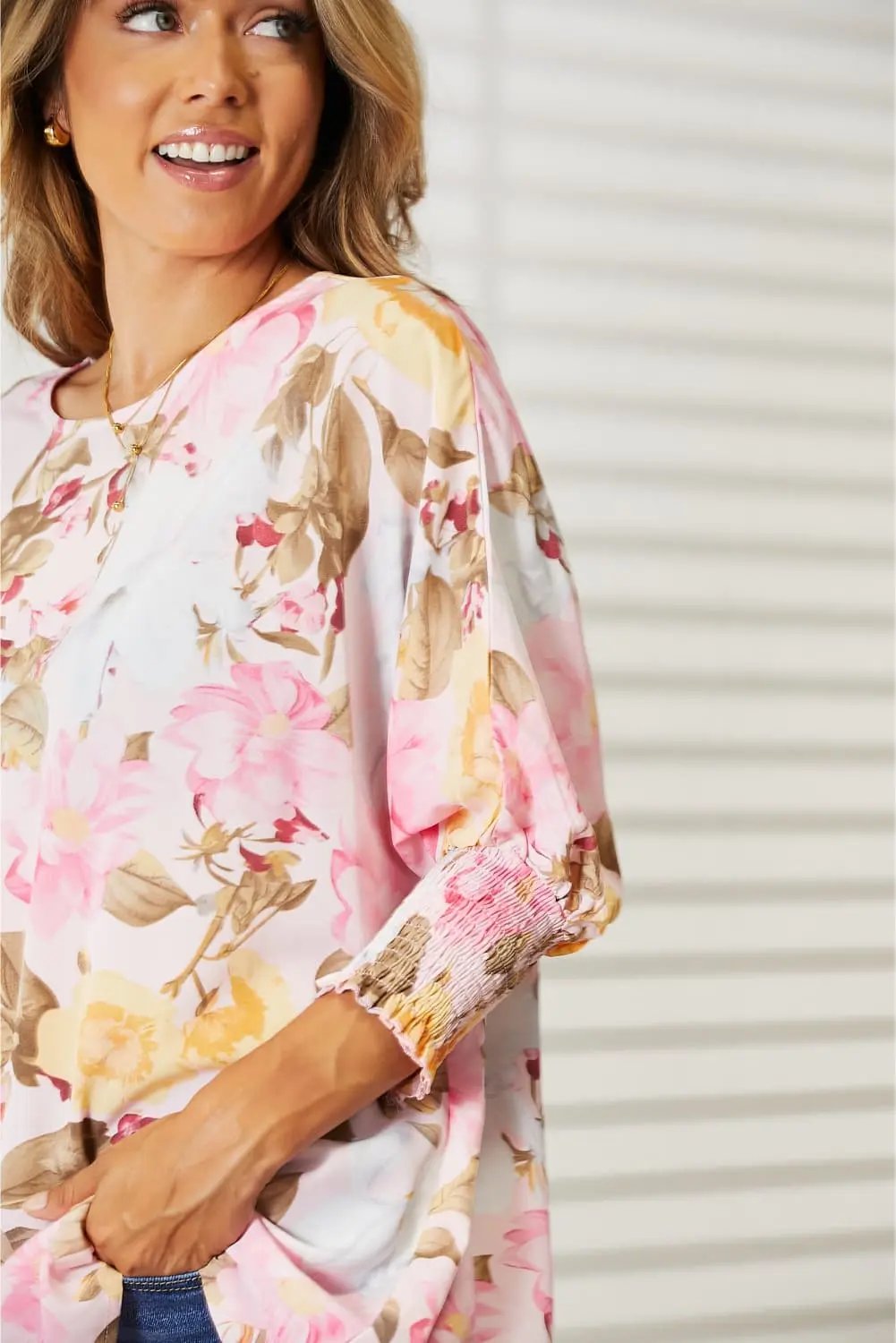 Double Take Floral Round Neck Three-Quarter Sleeve Top - Love Salve