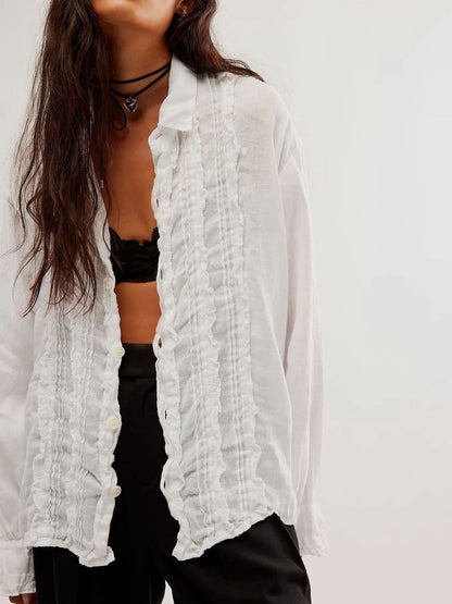 Ruffled Collared Long Sleeve Ruched Shirt