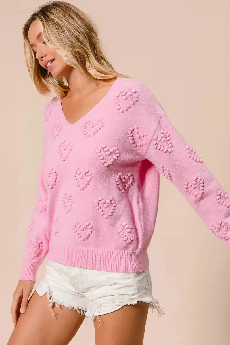 BiBi Valentines Heart Pompom V Neck Knit Top Coco’s Tee Boutique