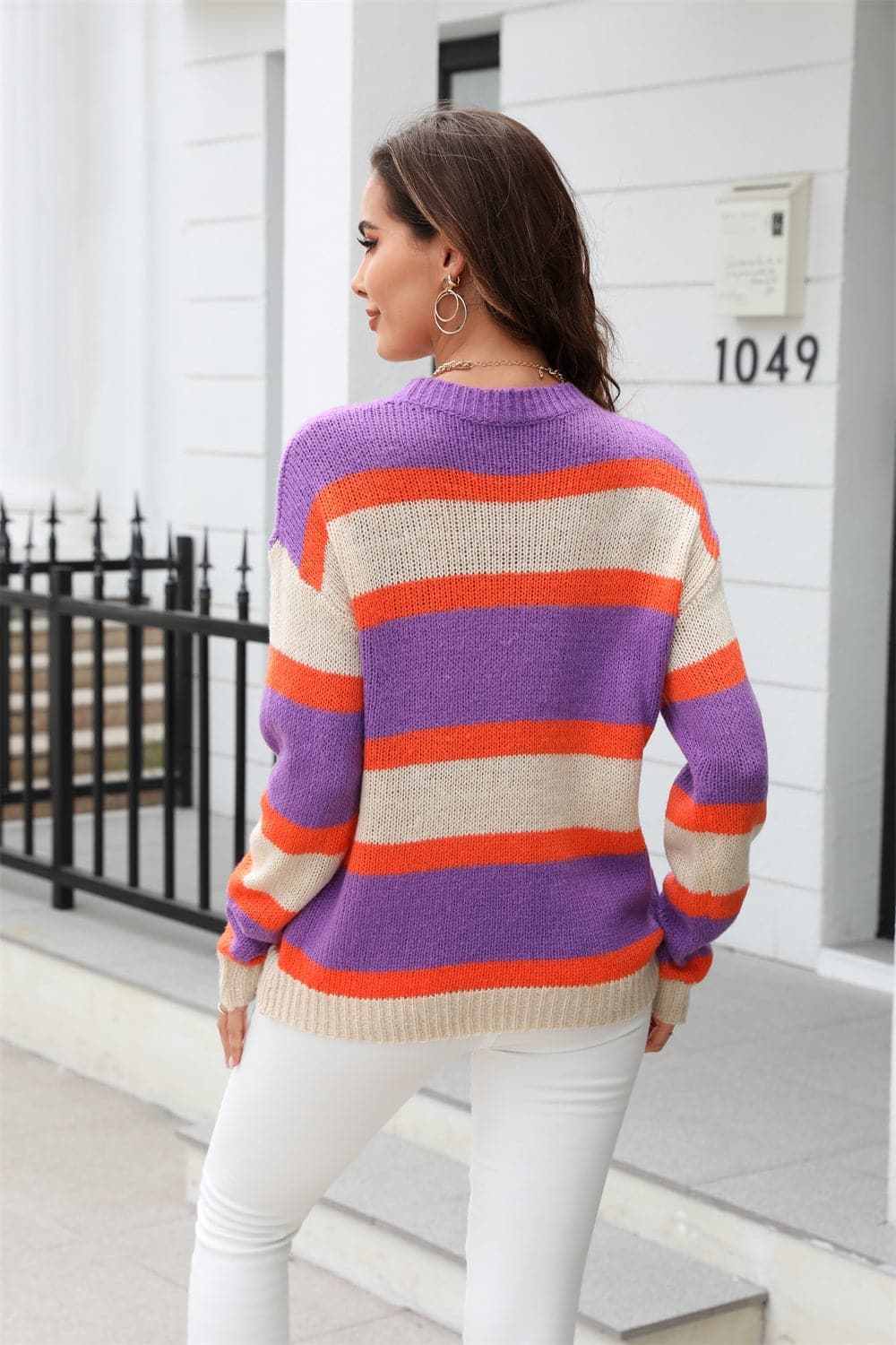 Color Block Round Neck Dropped Shoulder Sweater.