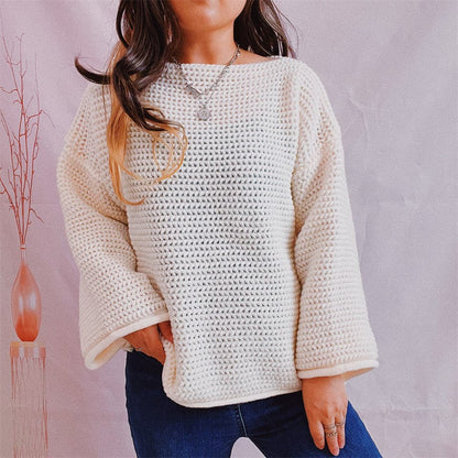 Openwork Boat Neck Long Sleeve Sweater.