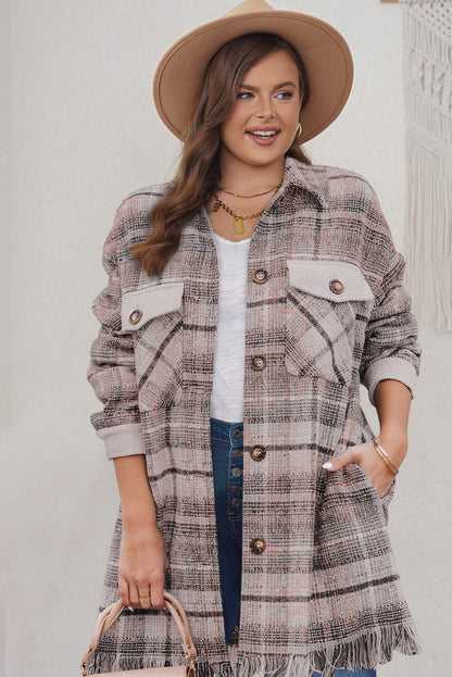 Chic pink macrame plaid coat in plus sizes