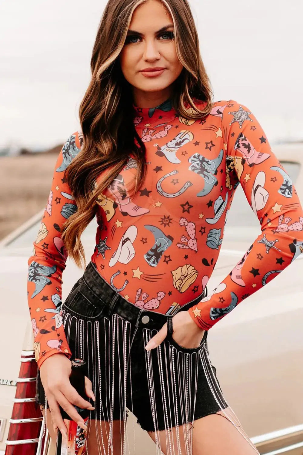 Printed Mock Neck Long Sleeve Bodysuit Coco’s Tee Boutique