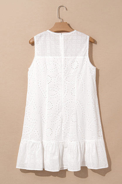 White Floral Eyelet Embroidered Sleeveless Shift Dress for Summer
