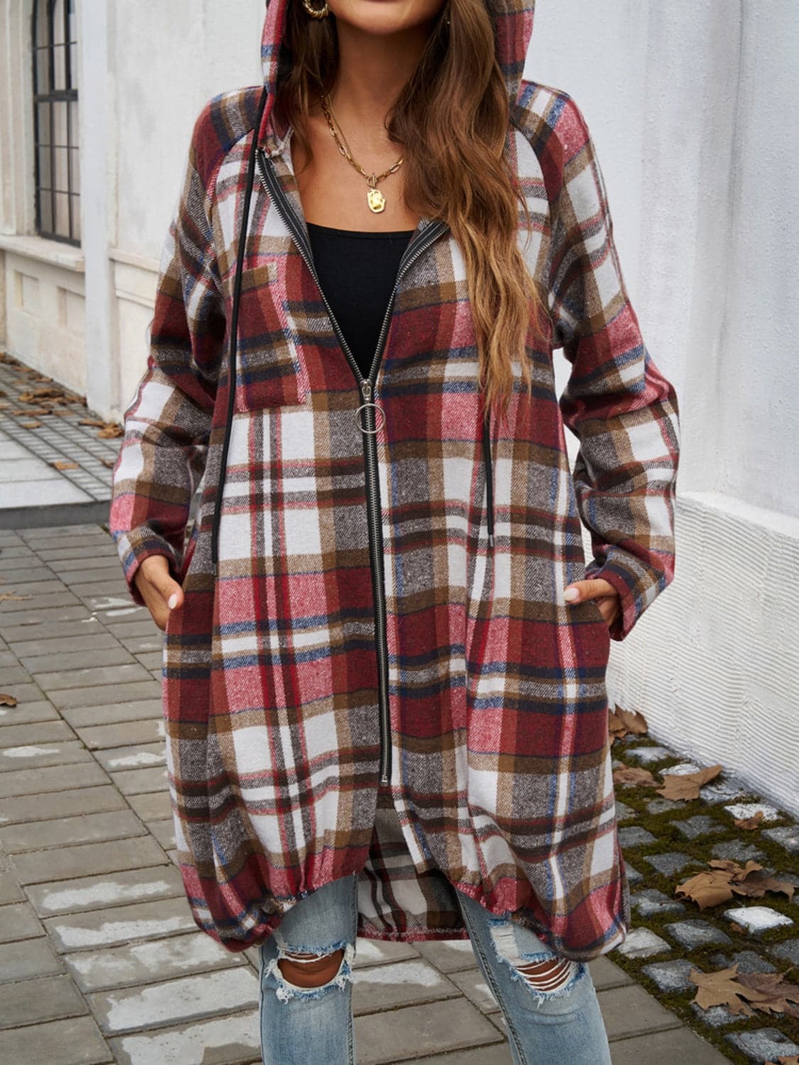 Plaid Zip Up Hooded Coat.