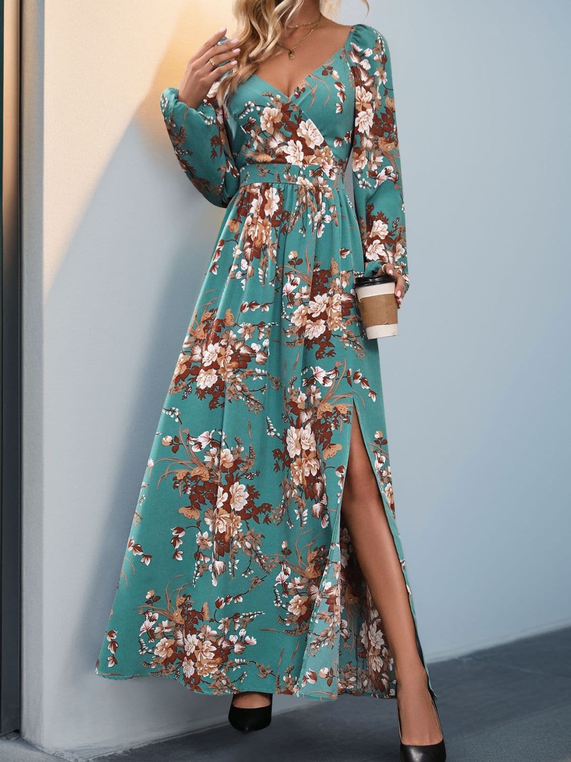 Slit Printed Surplice Long Sleeve Maxi Dress.