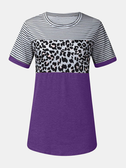 Full Size Striped Leopard Round Neck Short Sleeve T-Shirt.