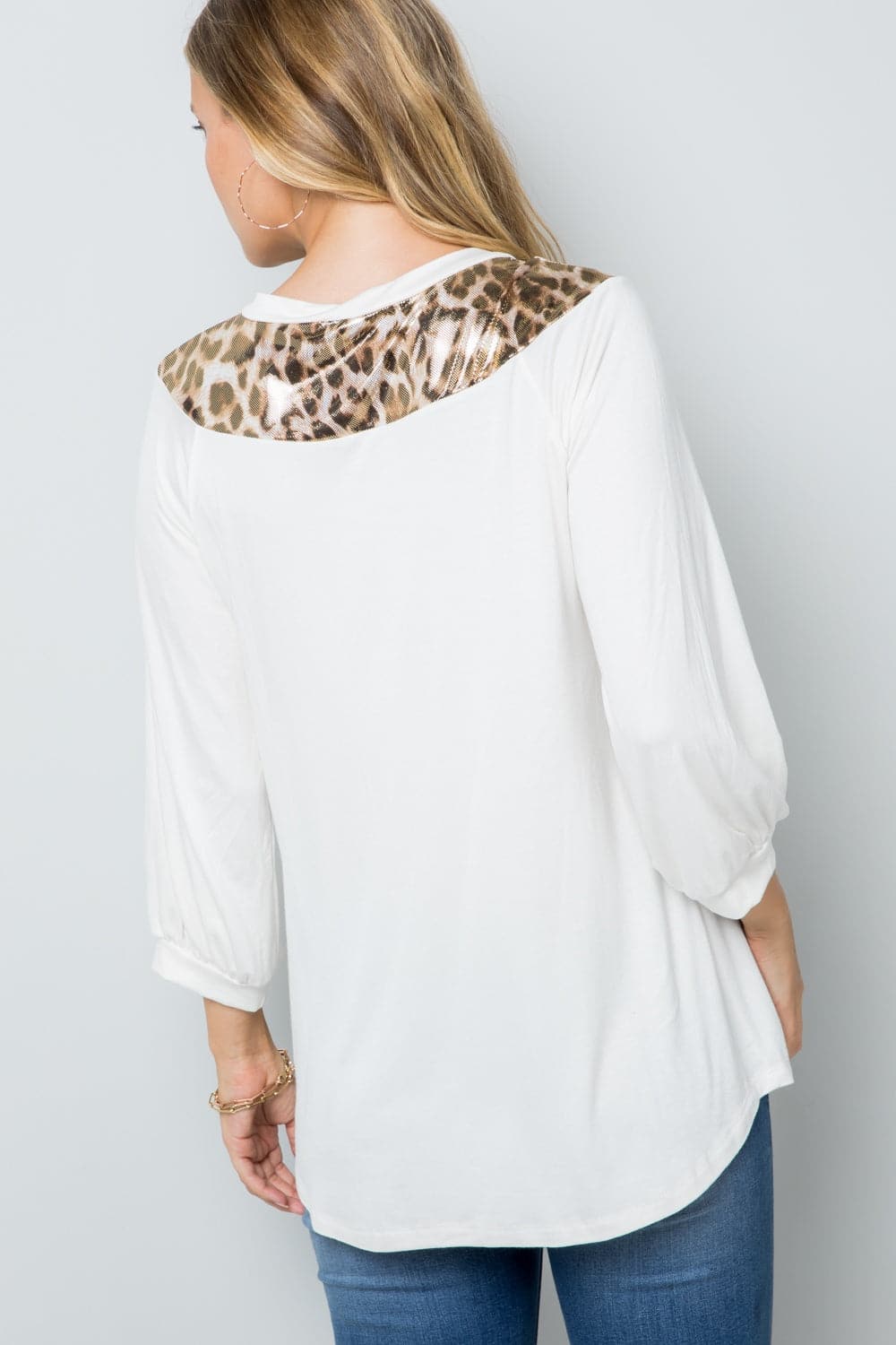 Celeste Full Size Leopard Contrast Balloon Sleeve Top.