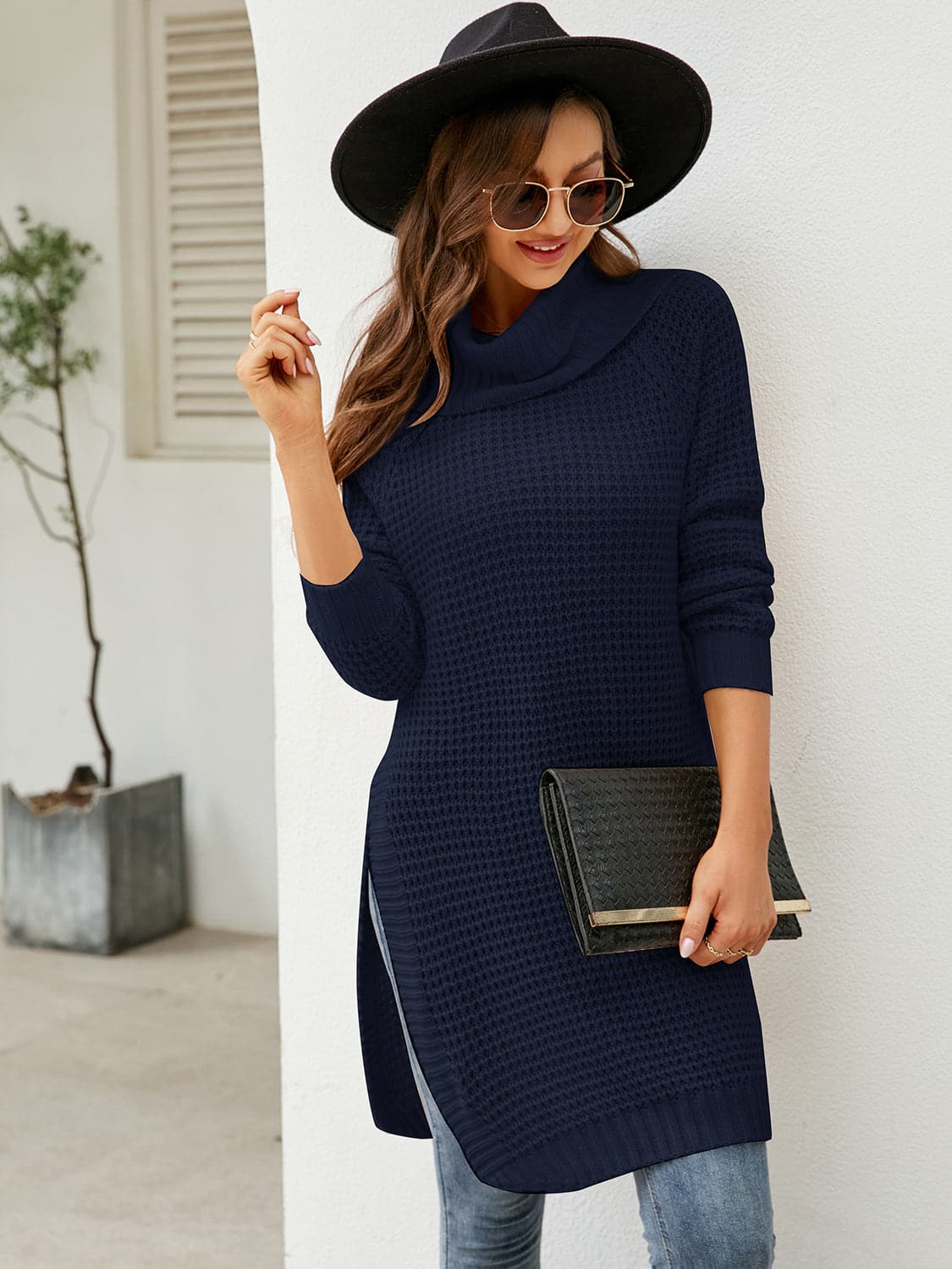 Turtleneck Waffle-Knit Slit Sweater Dress.