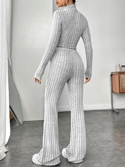 Ribbed Mock Neck Long Sleeve Top and Pants Set.