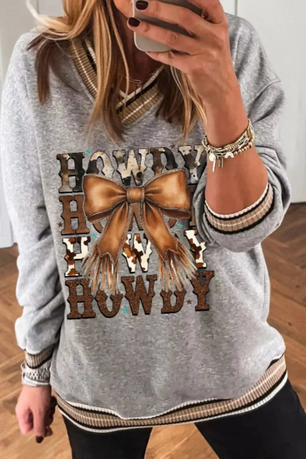 Howdy Graphic V Neck Sweatshirt With Bow Design In Gray Simply Love