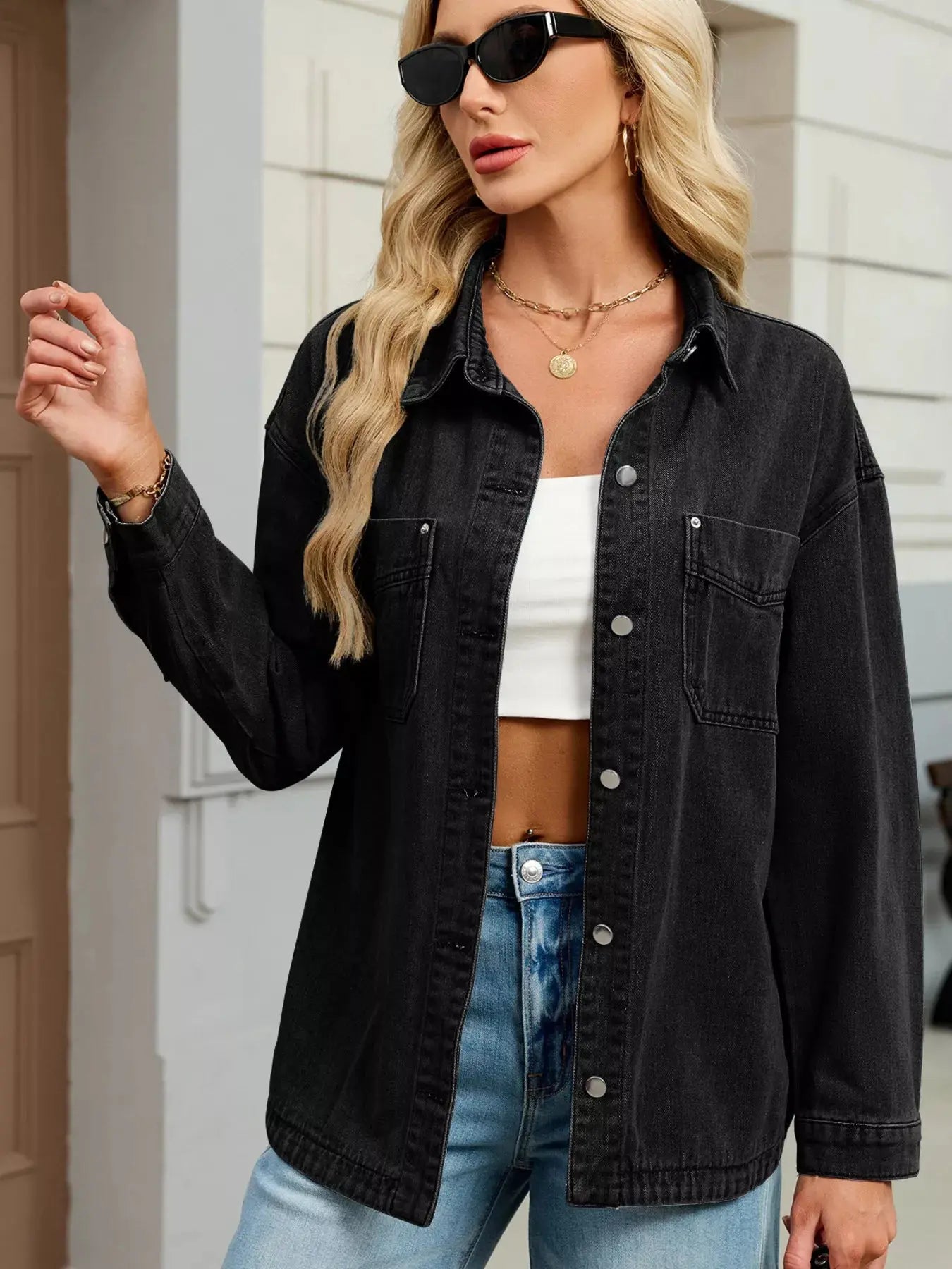 Button Up Dropped Shoulder Denim Jacket Simply Love