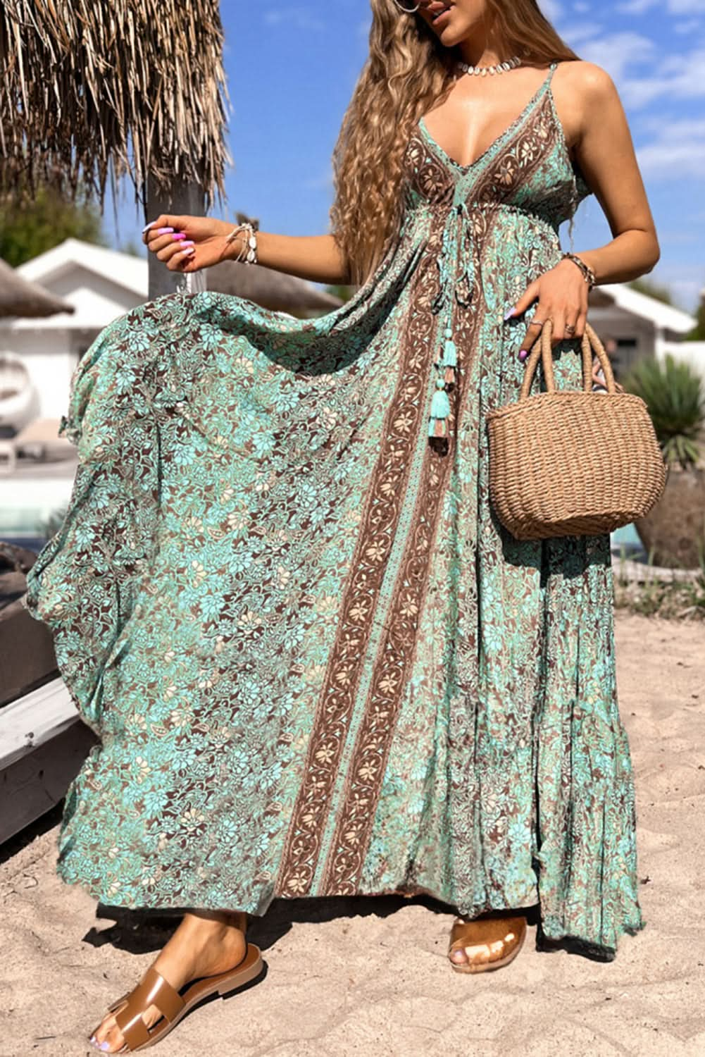 Boho Green Floral V Neck Maxi Dress with Ruffled Trim and Backless Tassel Waist