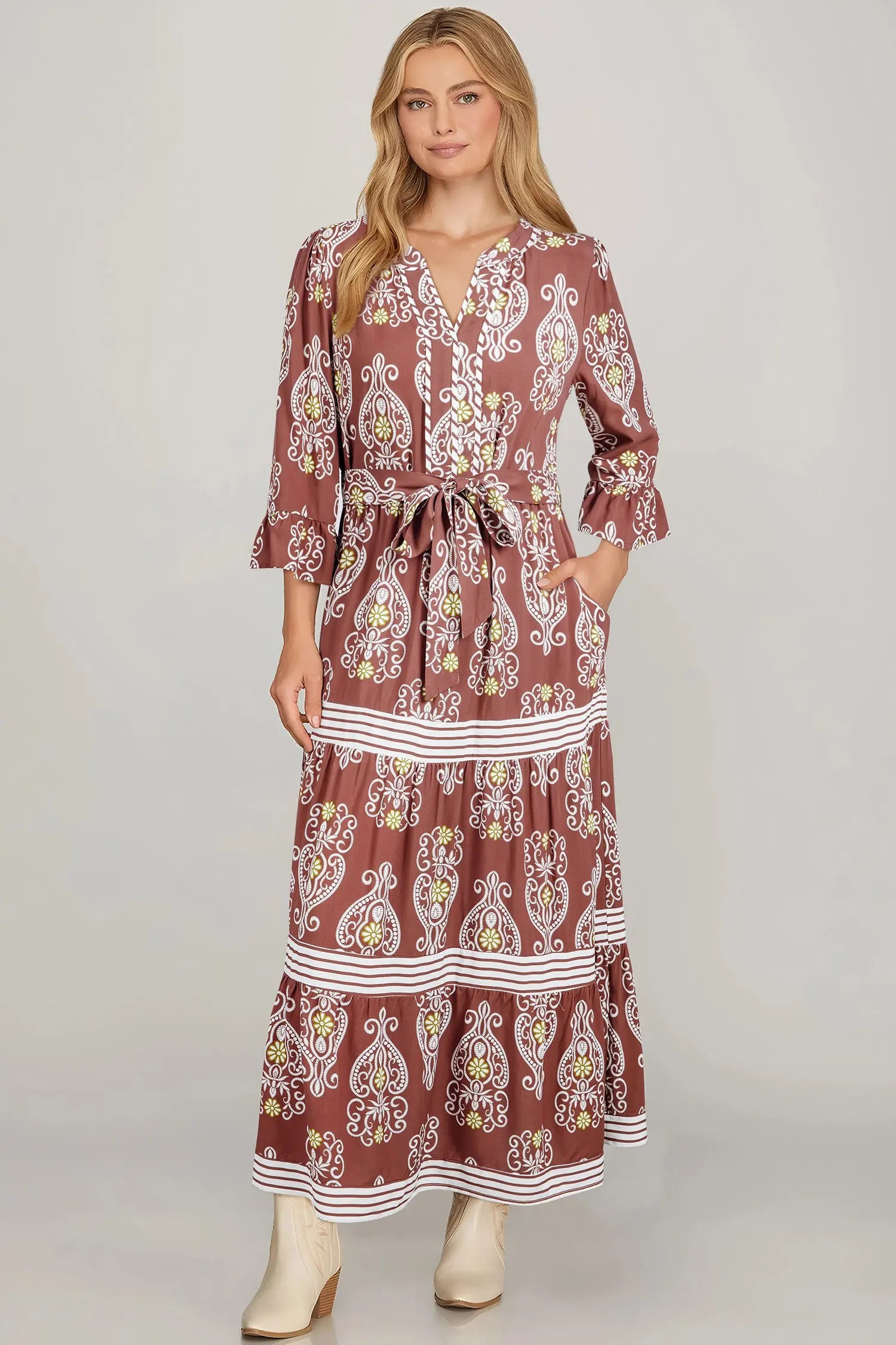 Brown Floral Print Belted Tiered Maxi Dress With Striped Trim Dear-Lover Dropshipping