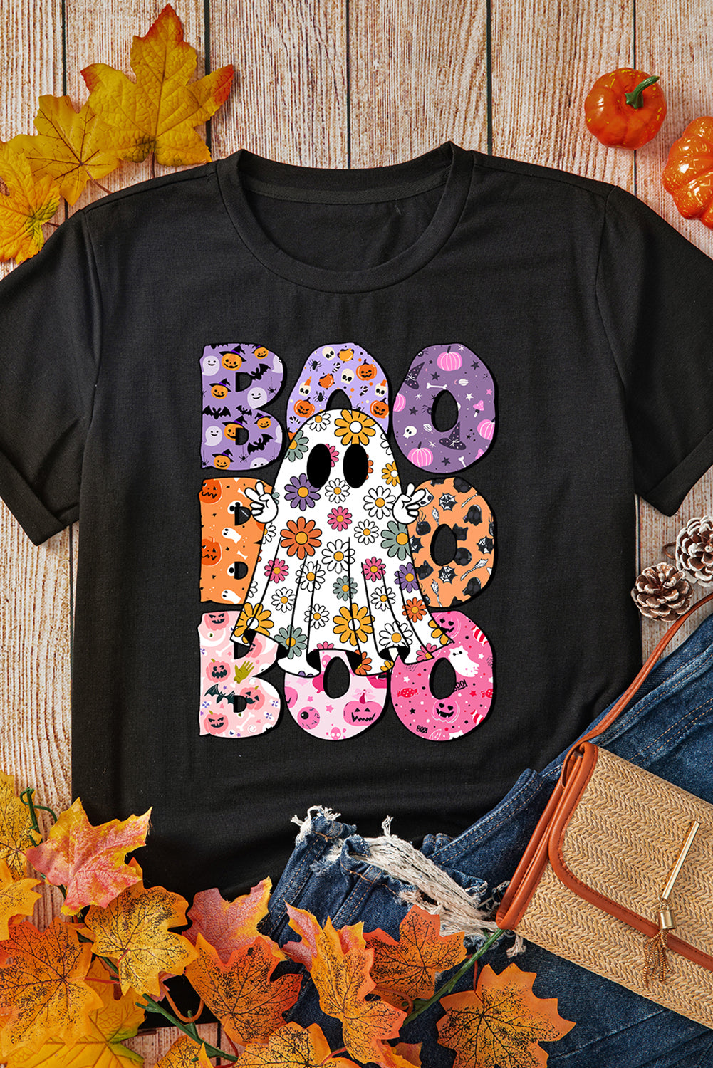 Floral ghost print Halloween t-shirt with playful BOO lettering