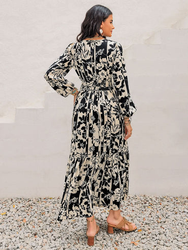 Smocked Printed Tie Neck Long Sleeve Dress