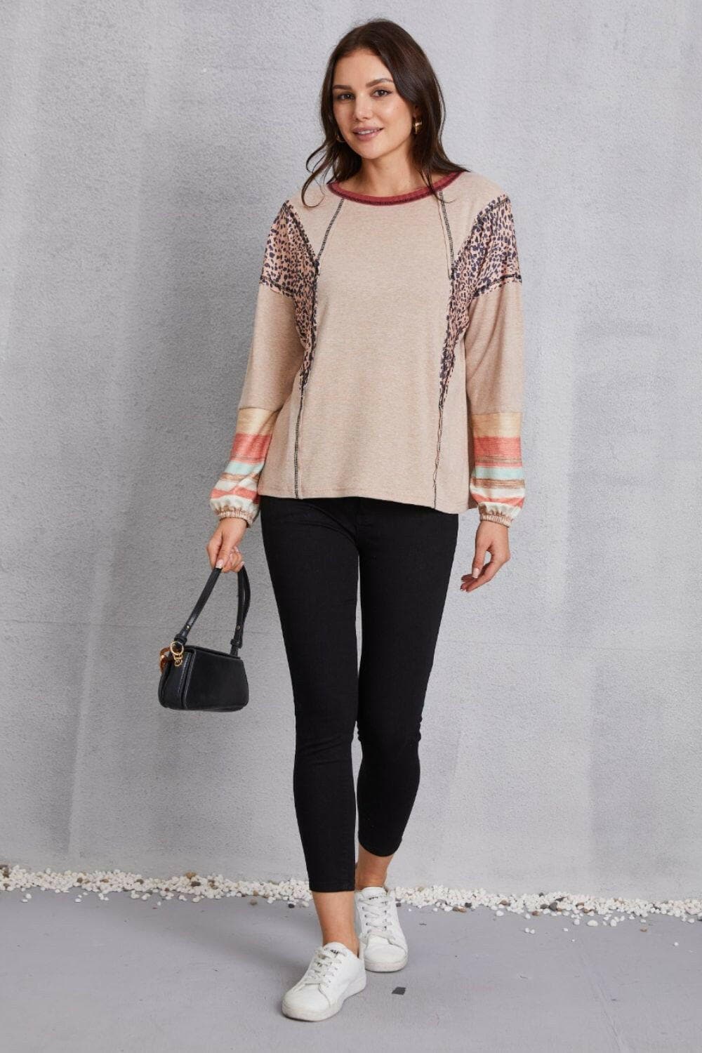 Contrast Stitching Leopard Long Sleeve Blouse.