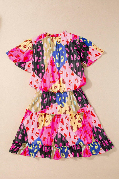 Printed Tie Neck Short Sleeve Mini Dress.