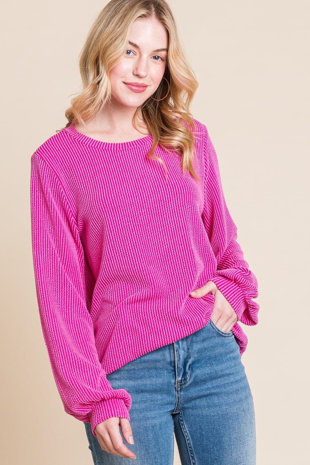 BOMBOM Long Sleeve Curved Hem Ribbed T-Shirt.