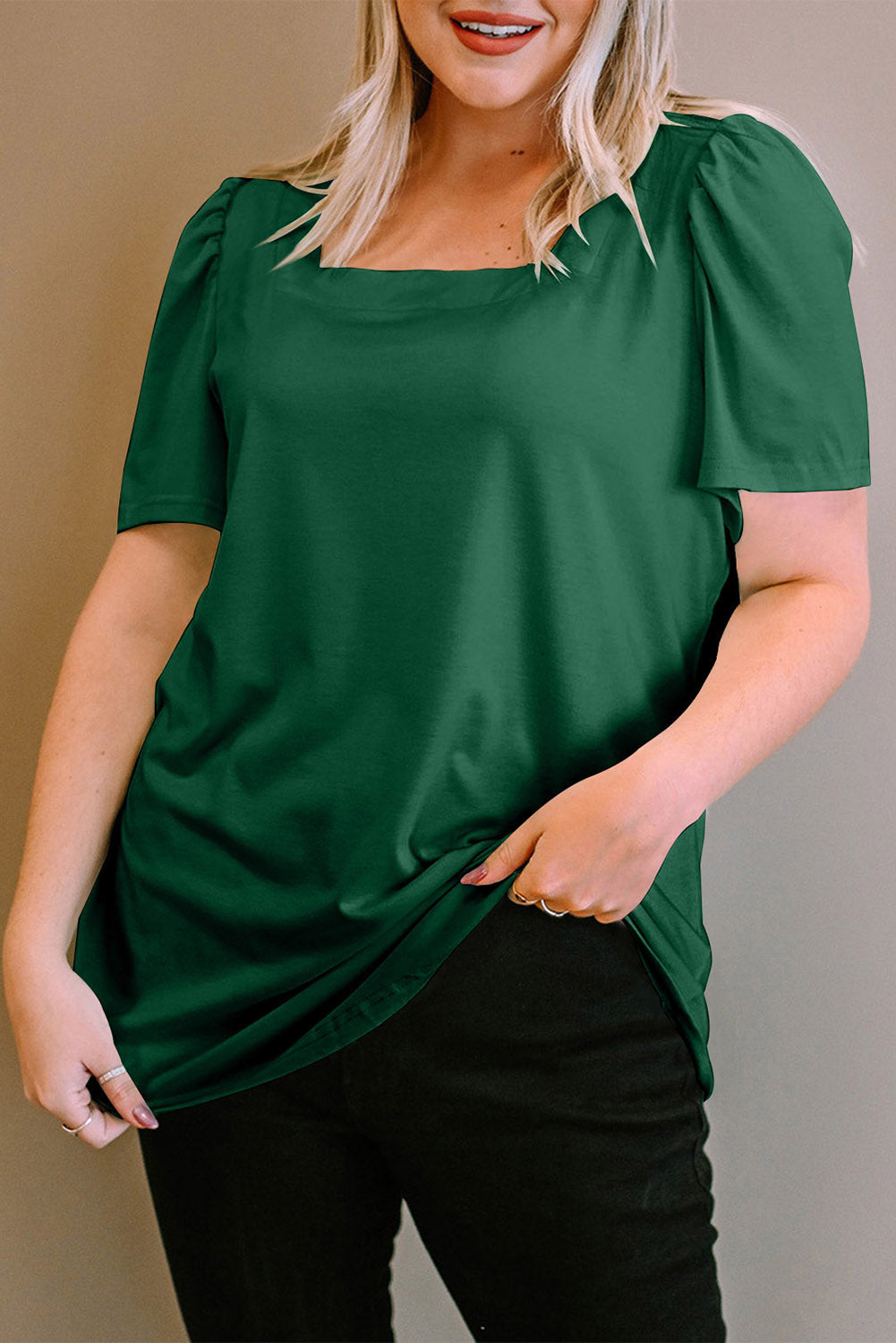 Chic green plus size square neck top with ruched shoulders