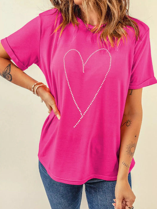 Rhinestone Heart Graphic Crew Neck Valentines Tee Simply Love