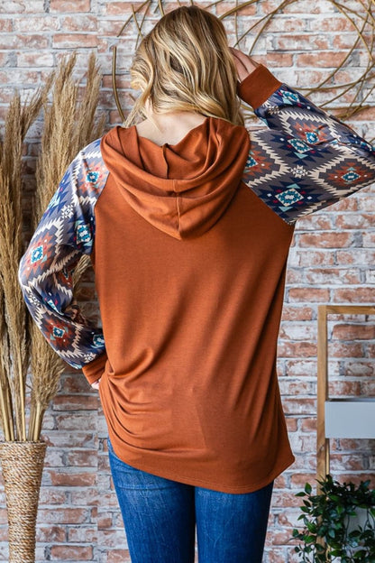 Cozy chic half button hooded long sleeve top with unique print