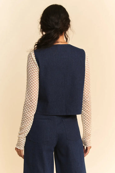 Davi and Dani Lace Patch Open Front Denim Vest - Love Salve 