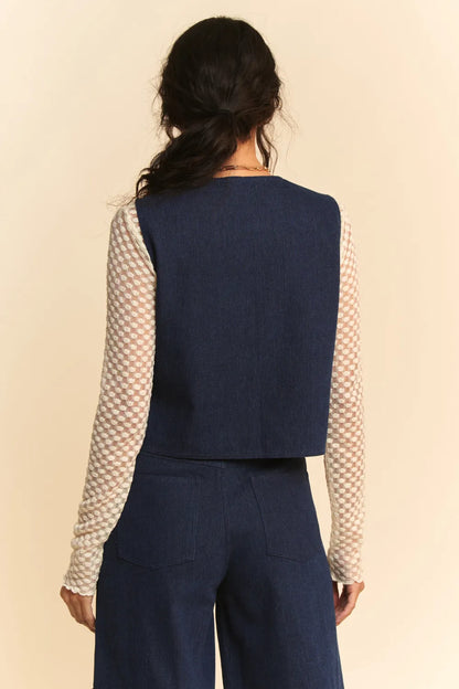 Davi and Dani Lace Patch Open Front Denim Vest - Love Salve 