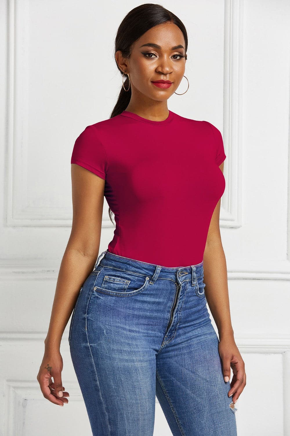 Round Neck Short Sleeve Bodysuit.