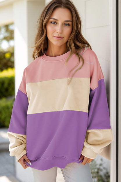 Color block long sleeve sweatshirt with round neck