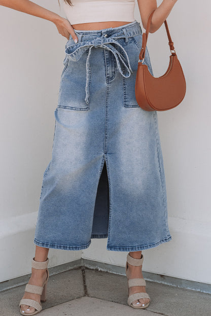 Dusk Blue High-Waisted Belted Midi Denim Skirt with Split Detail