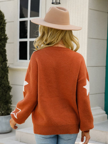 Star Round Neck Long Sleeve Sweater.