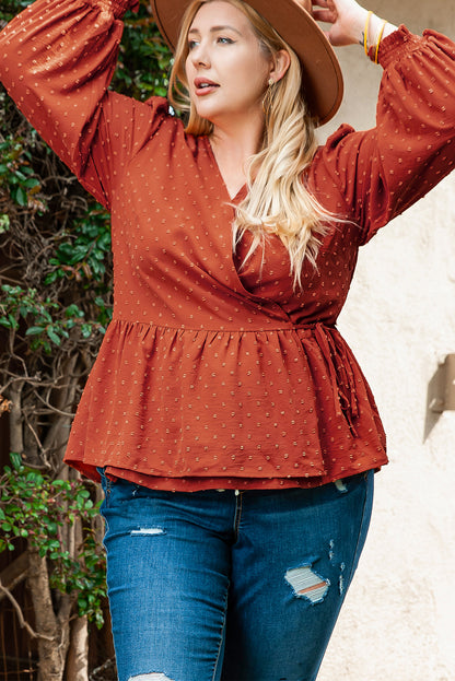 Elegant plus size Swiss dot wrap blouse with tie detail