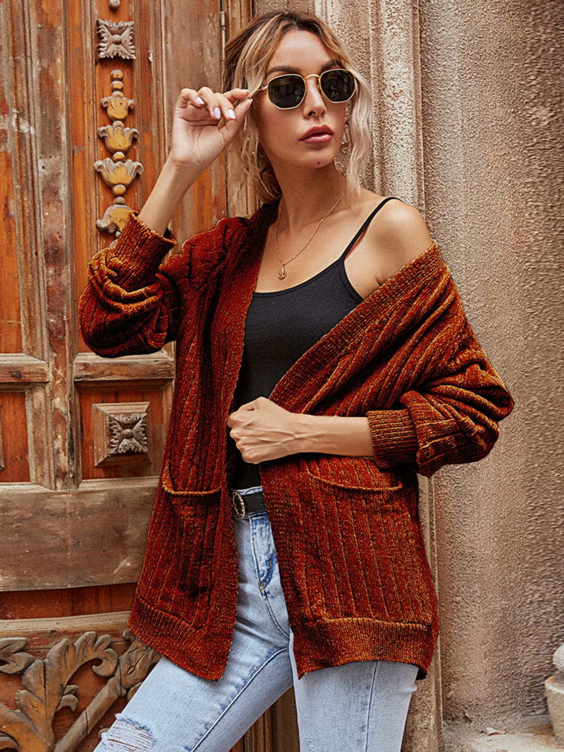 Ribbed Open Front Long Sleeve Cardigan.