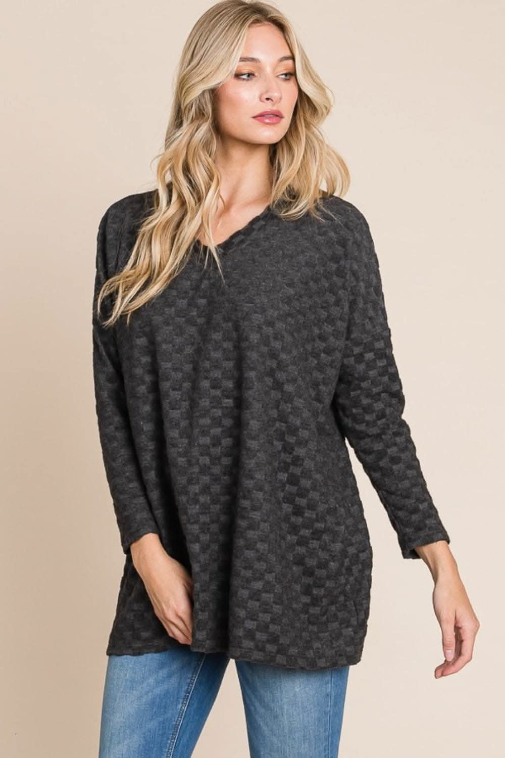 BOMBOM checkered long sleeve v-neck - Love Salve 