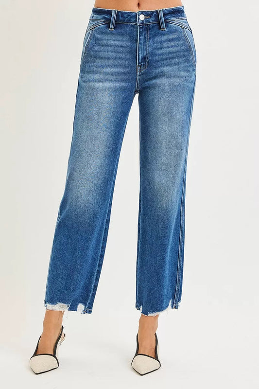 RISEN High Rise Ankle Straight Distressed Hem Detail Jeans Simply Love