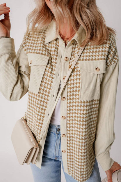 Houndstooth button-up long sleeve jacket with functional pockets.