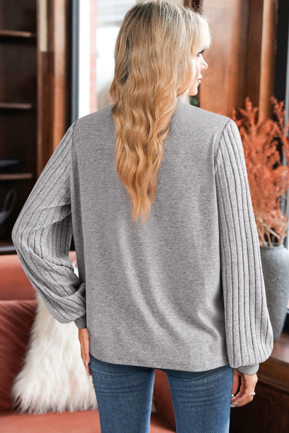 Gray Hollowed Lace Ribbed Knit Patchwork Long Sleeve Top Dear-Lover Dropshipping