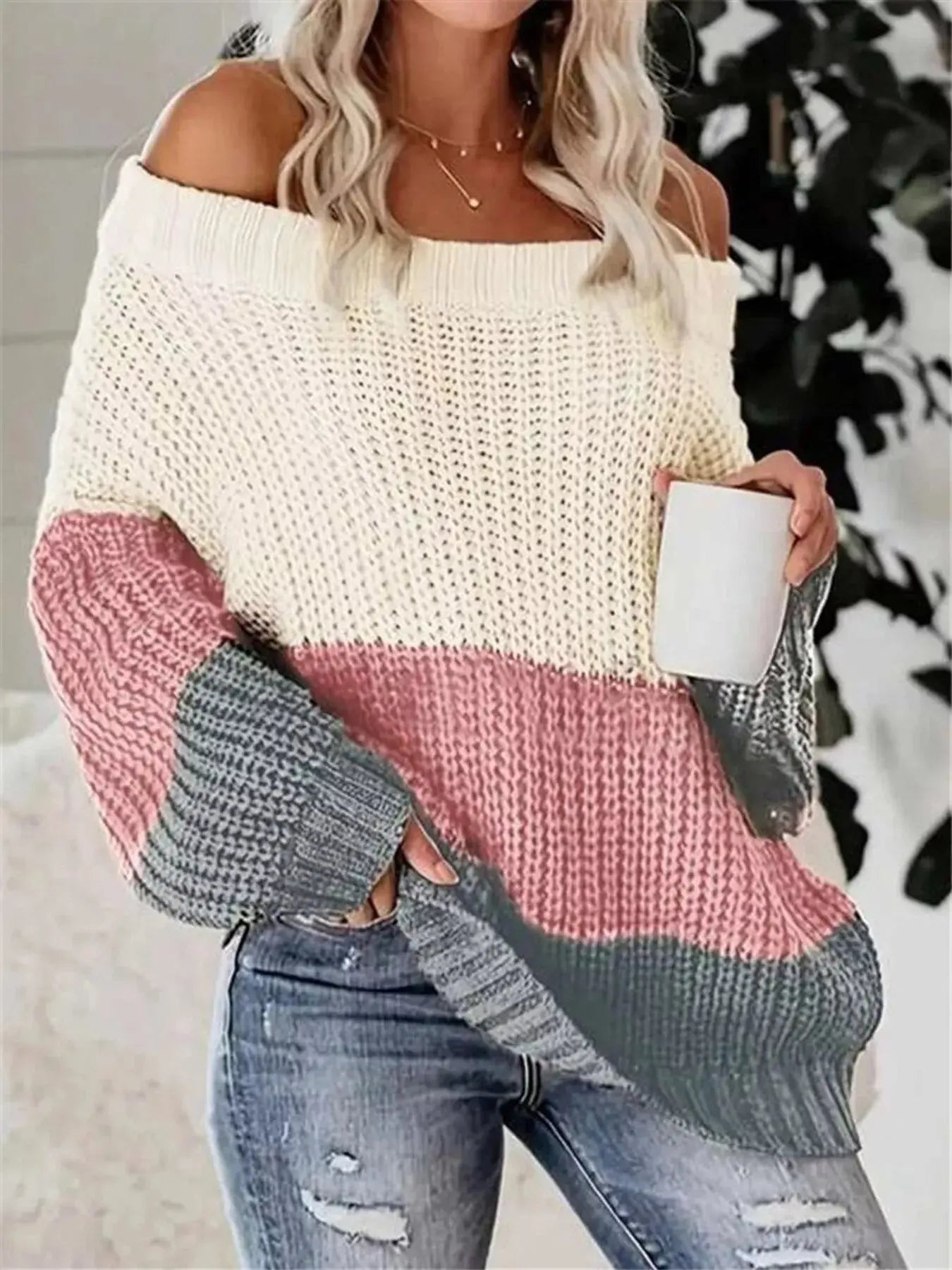 Off-Shoulder Color Block Sweater Simply Love