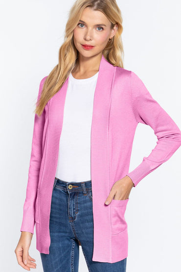 ACTIVE BASIC Ribbed Trim Open Front Cardigan.