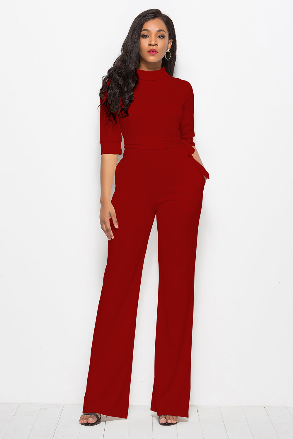 Mock Neck Tie-Waist Half Sleeve Jumpsuit Coco’s Tee Boutique