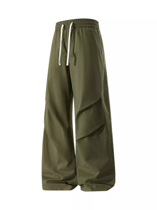 Olive Green Men's Cotton Wide Leg Casual Pants With Drawstring Pockets Simply Love