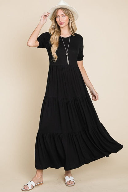 BOMBOM Short Sleeve Tiered Maxi Dress.