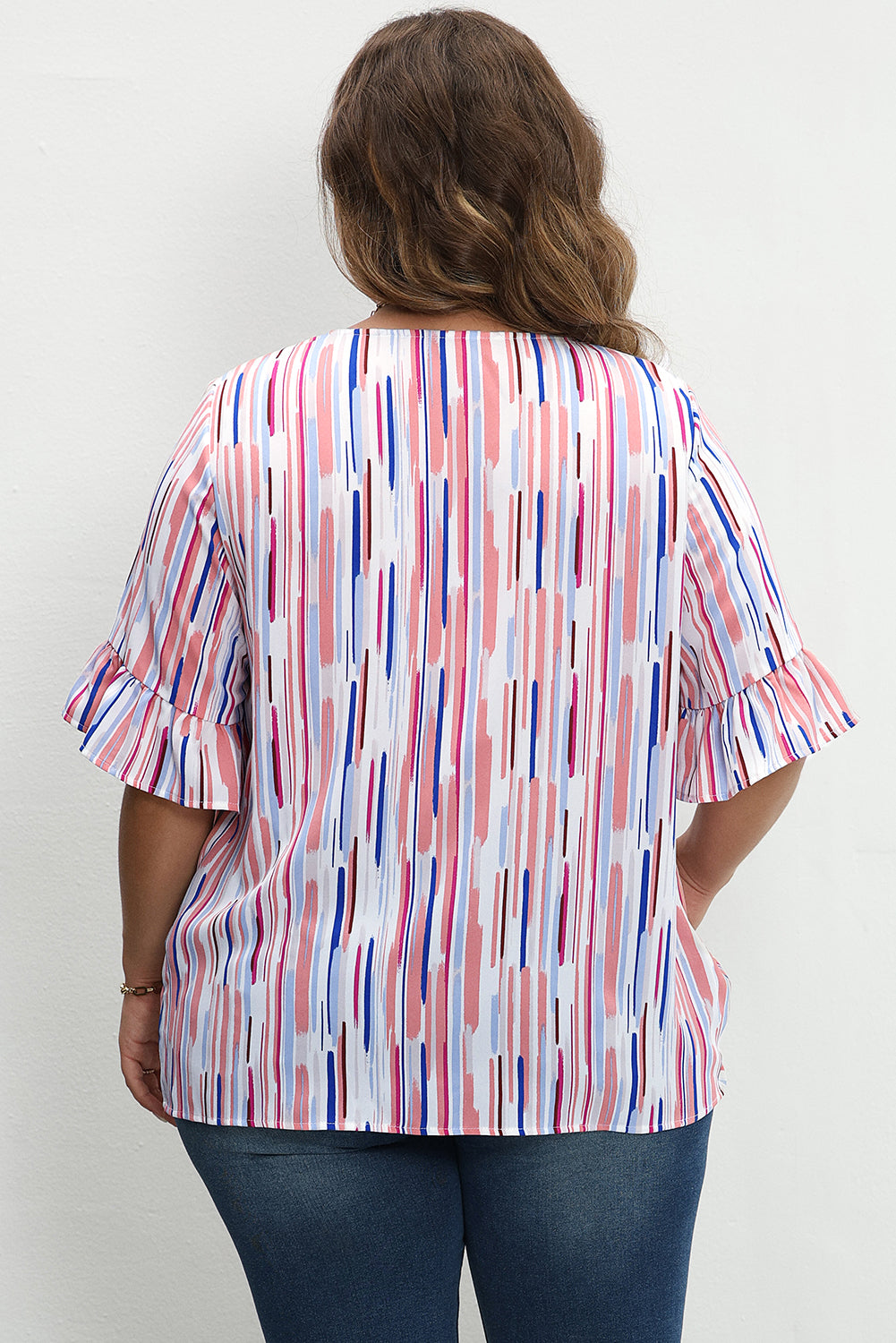 Chic ruffled short sleeve blouse with white stripes in plus sizes