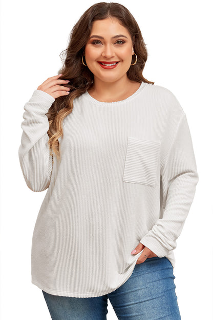 Chic white ribbed long sleeve plus size t-shirt with pocket detail