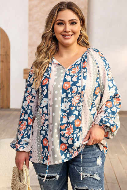 Colorful plus size mixed print blouse with split neckline