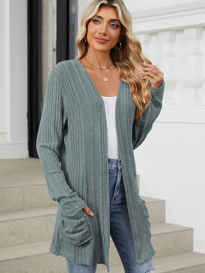 Pocketed Open Front Long Sleeve Cardigan.