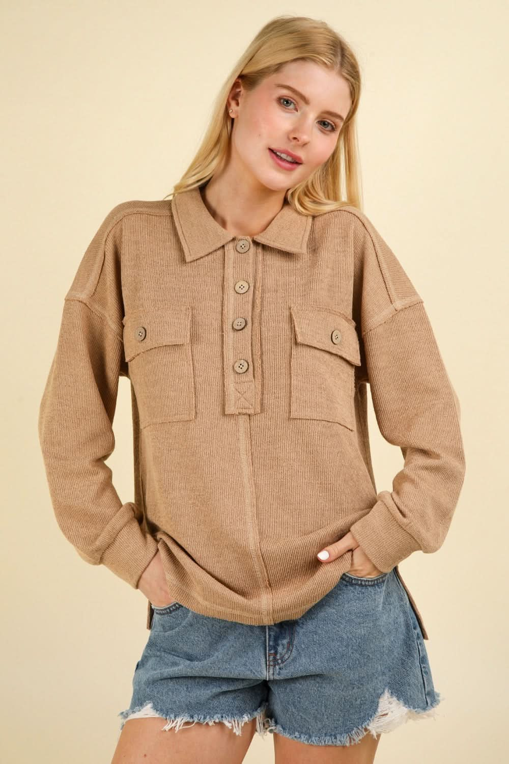 VERY J Collared Half Button Knit Top with Pockets