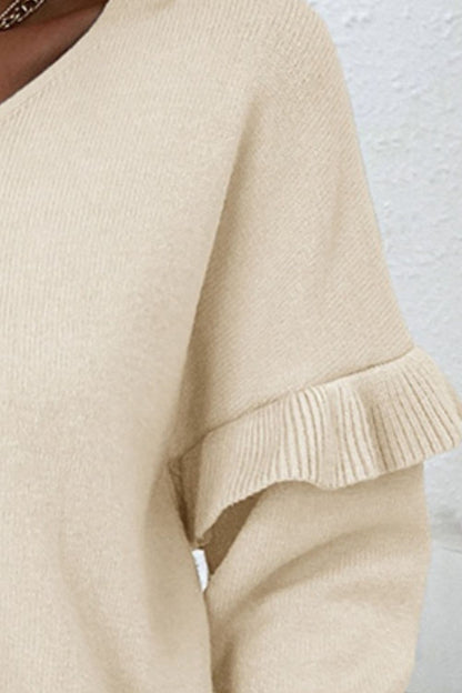 V-Neck Ruffle Trim Long Sleeve Sweater.