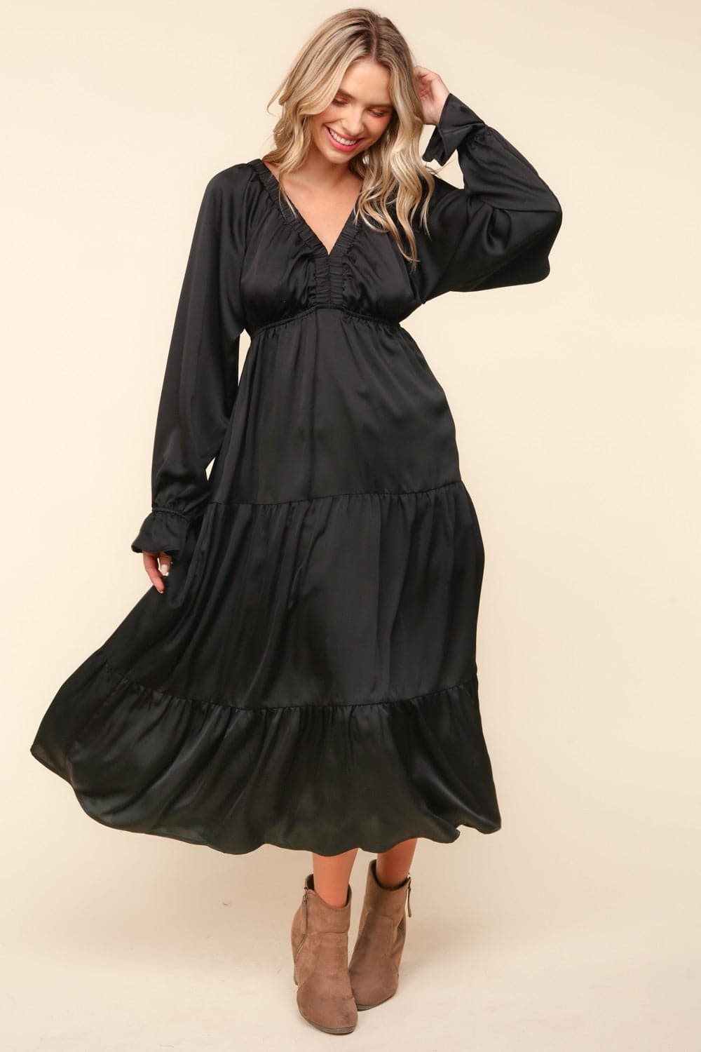 Flounce Sleeve Midi Dress with Pockets